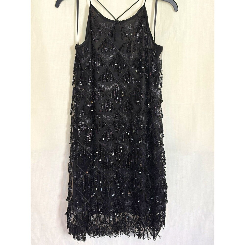 She + Sky Black Sequin Mesh Lined V-Neck Strappy Slip Short Dress S SS2526